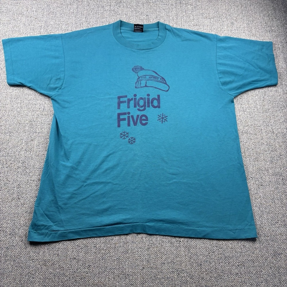 VTG Frigid Five T Shirt XL Teal Blue Single Stitch Winter Fun Run Race 80s